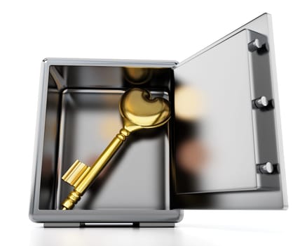 Gold key with heart shape inside steel safe. 3D illustration.