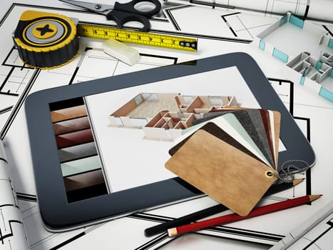 Home decorating tools standing on house bluprints. 3D illustration.