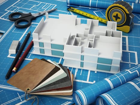 Home decorating tools standing on house bluprints. 3D illustration.