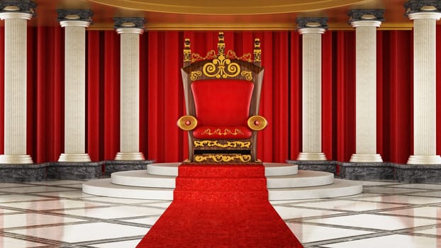 Red carpet leading to the luxurious throne. 3D illustration.