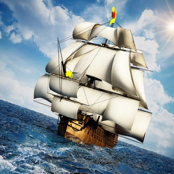Vintage sailing ship at the sea under clear sky. 3D illustration.