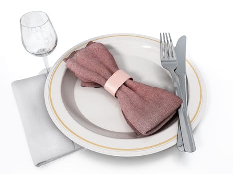 Plate, fork, knife glass and napkins 3D illustration