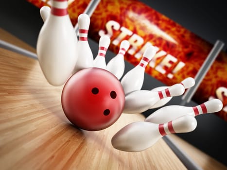 Bowling strike concept with rolling ball and pins. 3D illustration.