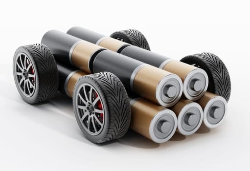 Wheels and tires connected to AA battery. 3D illustration.