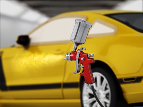 Paint gun spraying yellow paint over the car panels. 3D illustration.
