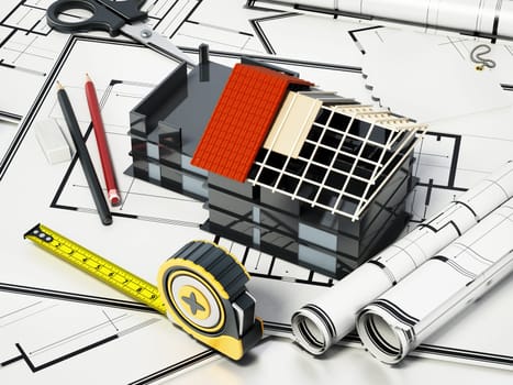 Home decorating tools standing on house bluprints. 3D illustration.