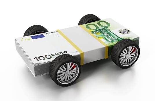 Race tyres connected to 100 Euro bills. 3D illustration.