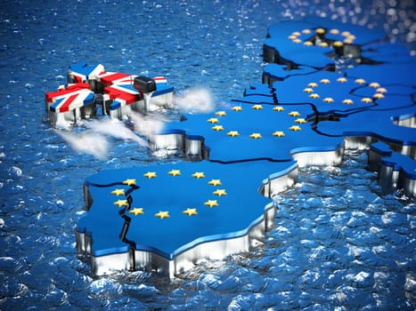 Britain map with boat engine leaving European Union. 3D illustration.
