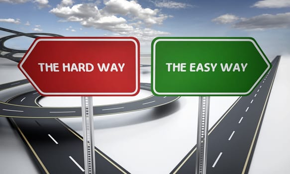 The easy way and the hard way signboards with curved and straight roads. 3D illustration.