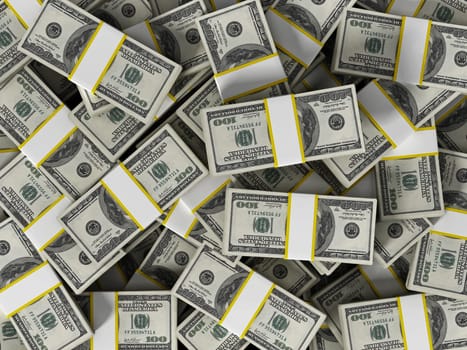 Horizontal 100 dollar money lots background. 3D illustration.