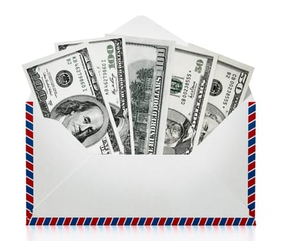 100 and 50 dollar bills inside enveloppe. 3D illustration.