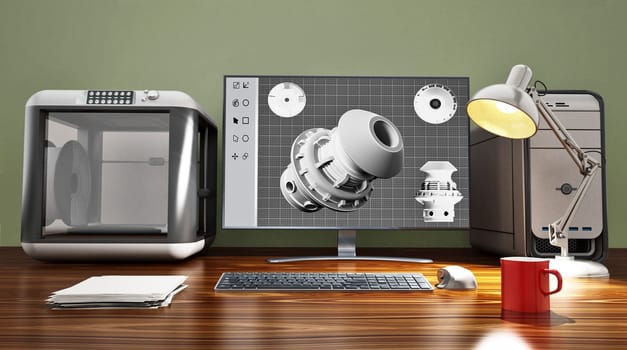3D printer and desktop computer standing on the table. 3D illustration.