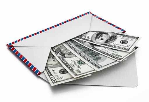 100 and 50 dollar bills inside enveloppe. 3D illustration.