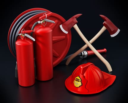 Fireman hat, hose, extinguishers isolated on black background 3D illustration