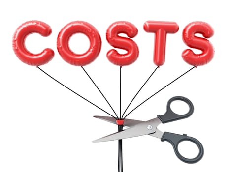 Scissors cut letter shaped balloons form the word cost. 3D illustration.
