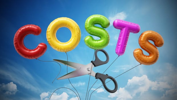 Scissors cut letter shaped balloons form the word cost. 3D illustration.