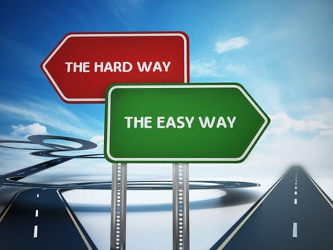 The easy way and the hard way signboards with curved and straight roads. 3D illustration.
