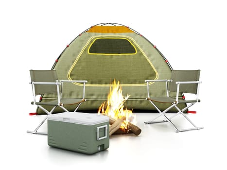 Camping tent, seats, fire and cooler isolated on white background. 3D illustration.