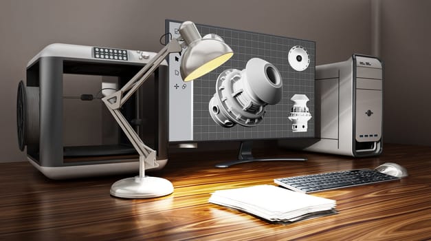 3D printer and desktop computer standing on the table. 3D illustration.