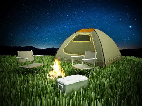 Camping tent, seats, fire and cooler on night background. 3D illustration.