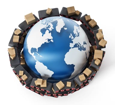 Conveyor belts transfering cardboard boxes around the earth. 3D illustration.