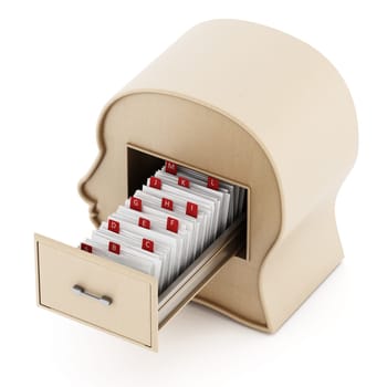 Index card catalogue inside head library drawer. 3D illustration.