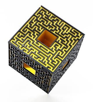 3D cube with labyrinth walls on the sides. 3D illustration.