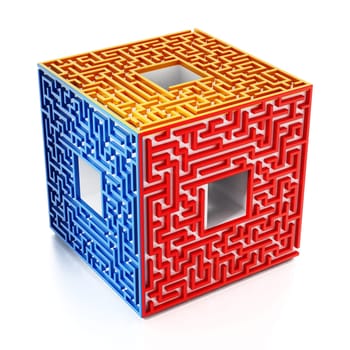 3D cube with labyrinth walls on the sides. 3D illustration.