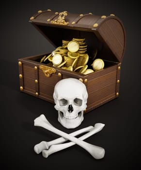 Chest full of gold, skull and bones. 3D illustration.