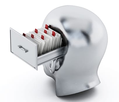 Index card catalogue inside head library drawer. 3D illustration.