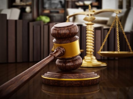 Gavel and balanced scale on wooden table. 3D illustration.