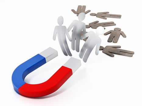 Horseshoe magnet pulling metal figures. 3D illustration.