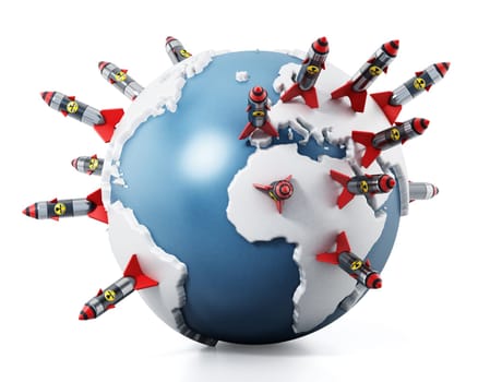 Nuclear missiles standing on world map. 3D illustration.