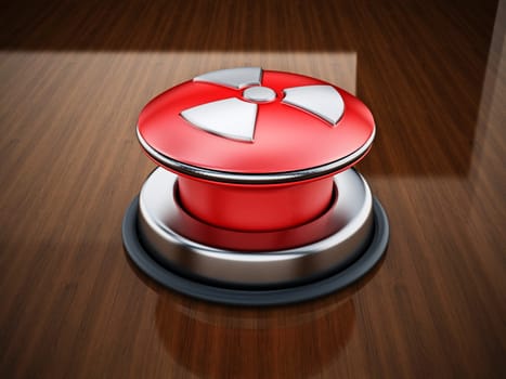 Nuclear launch button on reflective wooden table.. 3D illustration.