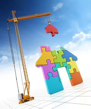 Construction crane carrying parts of jigsaw house. 3D illustration.