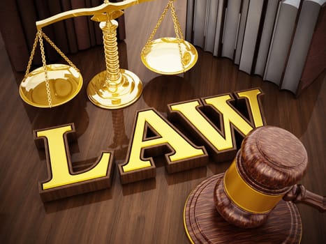 Law word, gavel and balanced scale on wooden table. 3D illustration.