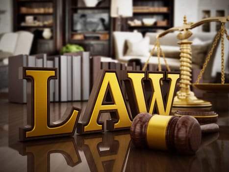 Law word, gavel and balanced scale on wooden table. 3D illustration.