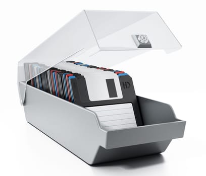 Vintage 3.5 inch disquettes aranged inside disquette box. 3D illustration.