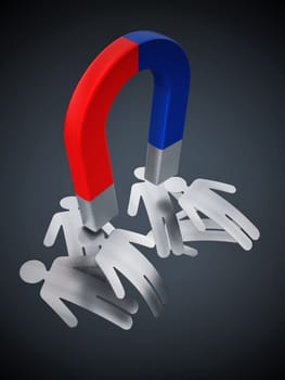 Horseshoe magnet pulling metal figures. 3D illustration.