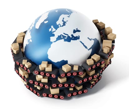 Conveyor belts transfering cardboard boxes around the earth. 3D illustration.