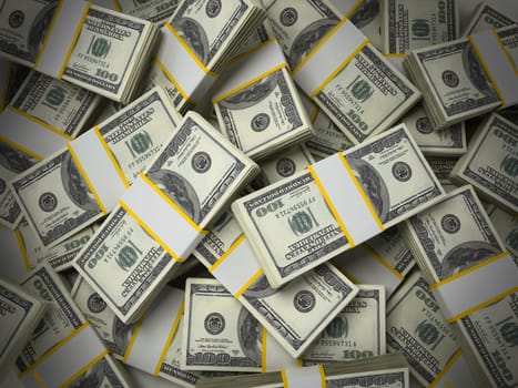 Stack of 100 dollar bills background. 3D illustration.