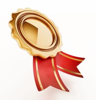 Golden badge with ribbons isolated on white background. 3D illustration.