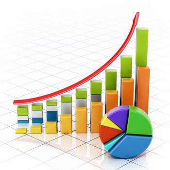 Rising sale bars and pie chart showing financial data. 3D illustration.