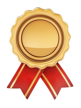 Golden badge with ribbons isolated on white background. 3D illustration.
