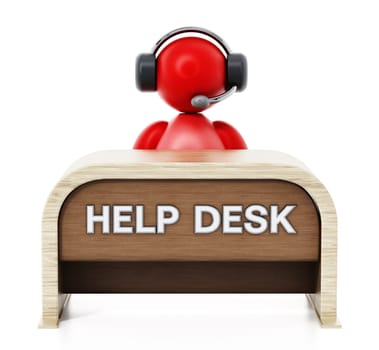 Customer representative with headset sitting on the help desk. 3D illustration.