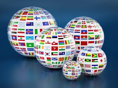 Country flags around the globes on blue background. 3D illustration.