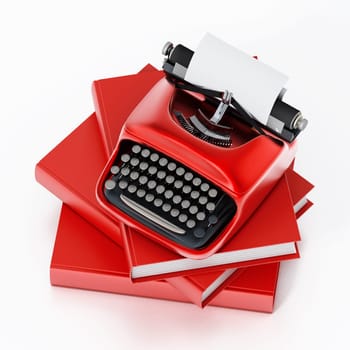 Typewriter and books stack isolated on white background. 3D illustration.