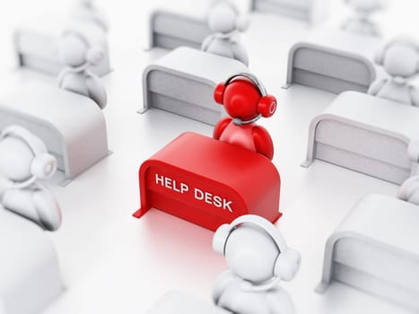 Customer representative with headset sitting on the help desk. 3D illustration.