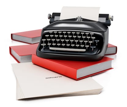 Typewriter, books and paper sheet with scenario text isolated on white background. 3D illustration.