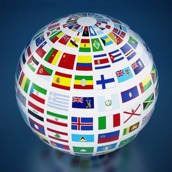 Country flags around the globe on blue background. 3D illustration.